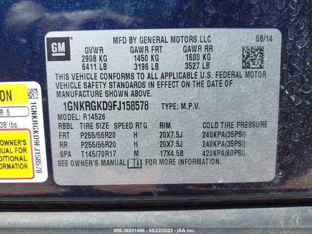 Chevrolet Traverse Lt 2015 1GNKRGKD9FJ158578 Image 11