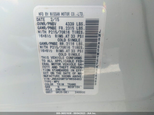 2015 NISSAN ROGUE SELECT S VIN: JN8AS5MT5FW656463