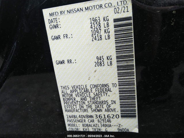 2021 NISSAN ALTIMA 2.5 SV VIN: 1N4BL4DV8MN361620