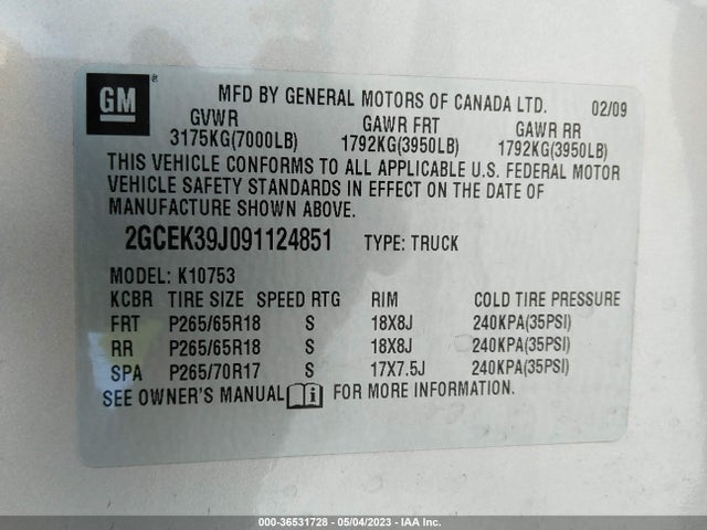 2009 CHEVROLET SILVERADO 1500 LTZ VIN: 2GCEK39J091124851