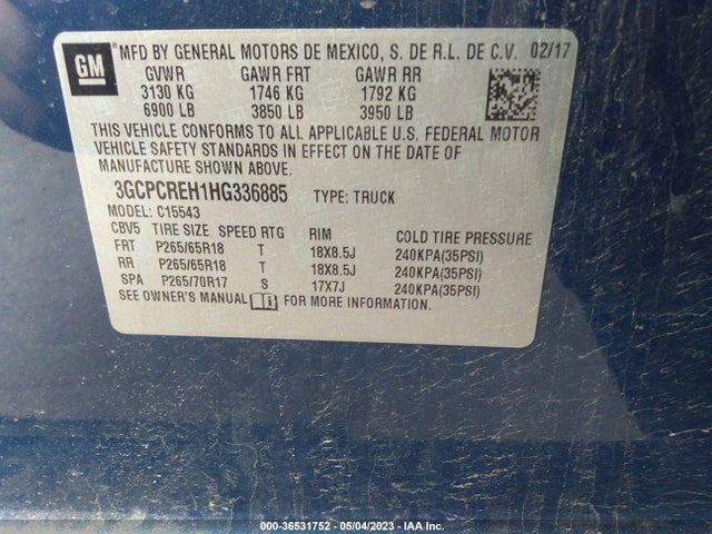 2017 CHEVROLET SILVERADO 1500 LT VIN: 3GCPCREH1HG336885