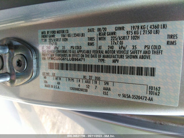 2020 FORD ESCAPE SE VIN: 1FMCU0G61LUB96471