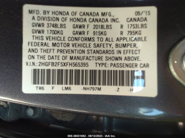 2015 HONDA CIVIC SEDAN LX VIN: 2HGFB2F5XFH565395