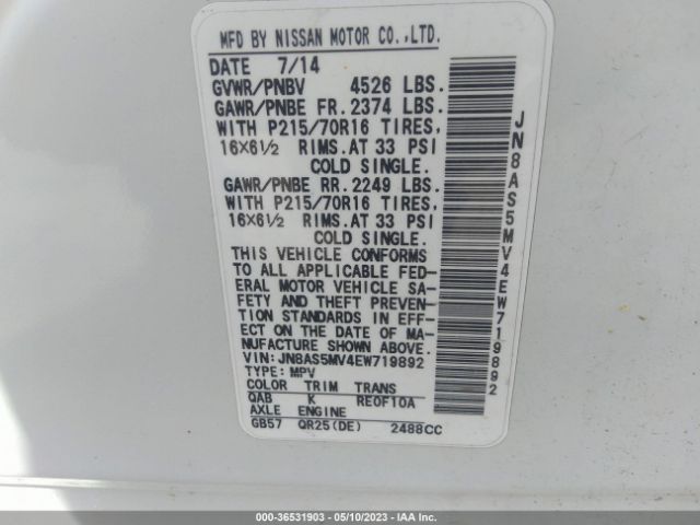 JN8AS5MV4EW719892 Nissan Rogue Select S