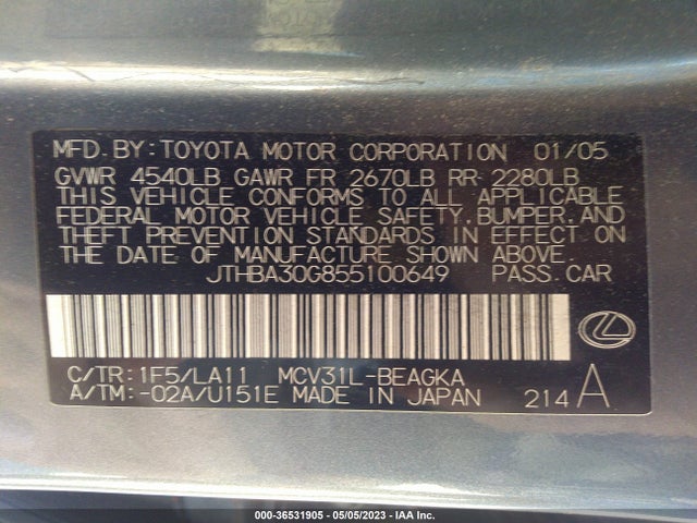 2005 LEXUS ES 330 VIN: JTHBA30G855100649