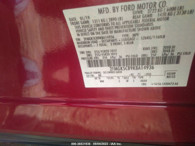 2FMGK5C89KBA14936 Ford FLEX SEL
