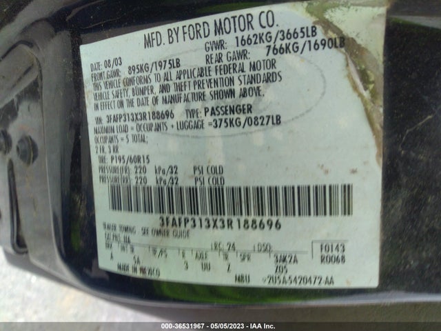 2003 FORD FOCUS ZX3 VIN: 3FAFP313X3R188696