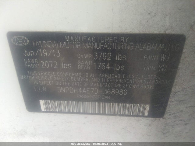 2013 HYUNDAI ELANTRA GLS VIN: 5NPDH4AE7DH368986