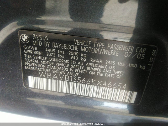2006 BMW 3 SERIES 325I VIN: WBAVB13566KX46654