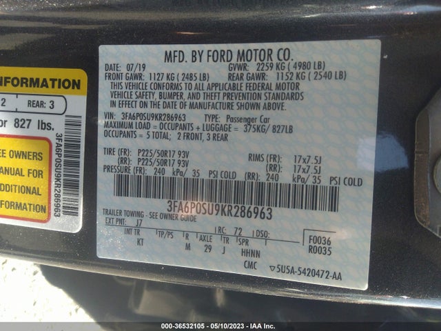 2019 Ford Fusion, VIN: 3FA6P0SU9KR286963