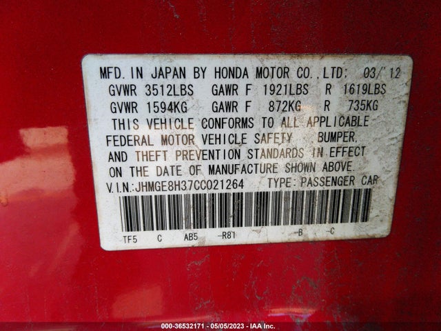 2012 HONDA FIT VIN: JHMGE8H37CC021264