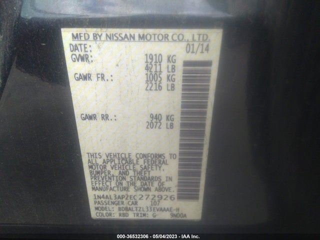 2014 NISSAN ALTIMA 2.5 SV VIN: 1N4AL3AP2EC272926