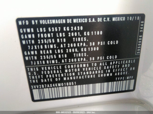 3VV2B7AX4KM018851 Volkswagen Tiguan Se/sel/sel R-line