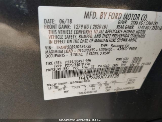 1FAHP2E89JG134738 Ford TAURUS SEL