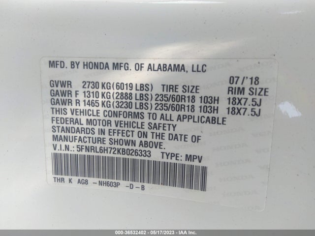 Honda Odyssey Ex-l 2019 5FNRL6H72KB026333 Image 9