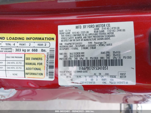 2015 FORD MUSTANG GT VIN: 1FA6P8CF2F5341051