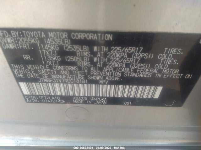 2009 TOYOTA RAV4 LTD VIN: JTMBF31V79D018181