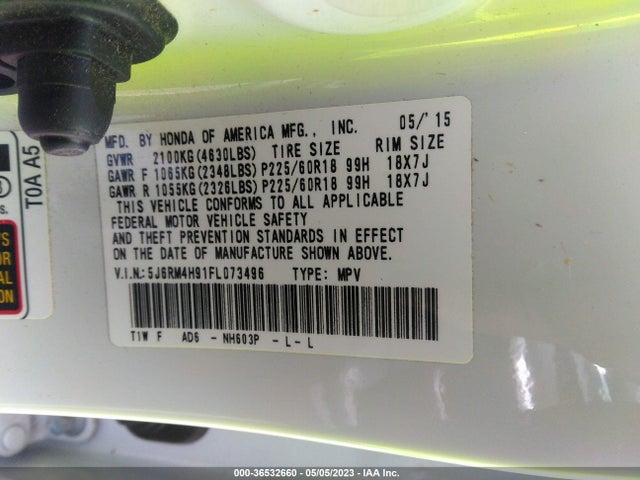 Honda Cr-v Touring 2015 5J6RM4H91FL073496 Image 9