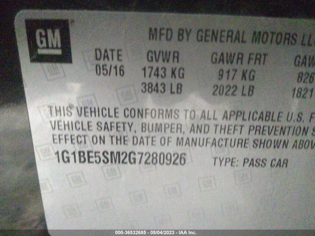 2016 CHEVROLET CRUZE LT VIN: 1G1BE5SM2G7280926