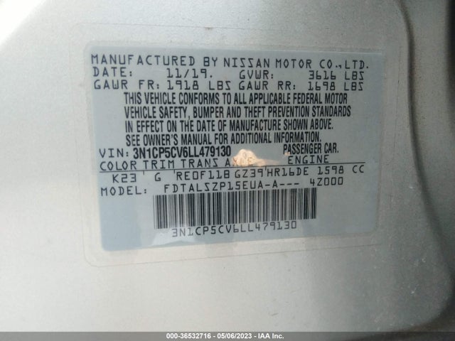 Продаж на аукціоні авто 2020 Nissan Kicks Sv, vin: 3N1CP5CV6LL479130, номер лоту: 36532716