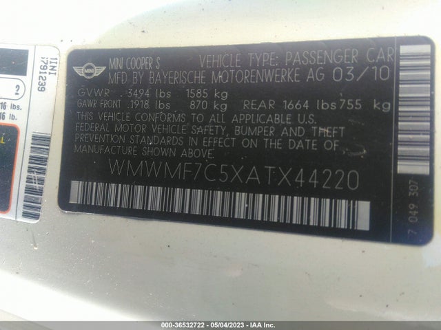 2010 MINI COOPER HARDTOP S VIN: WMWMF7C5XATX44220