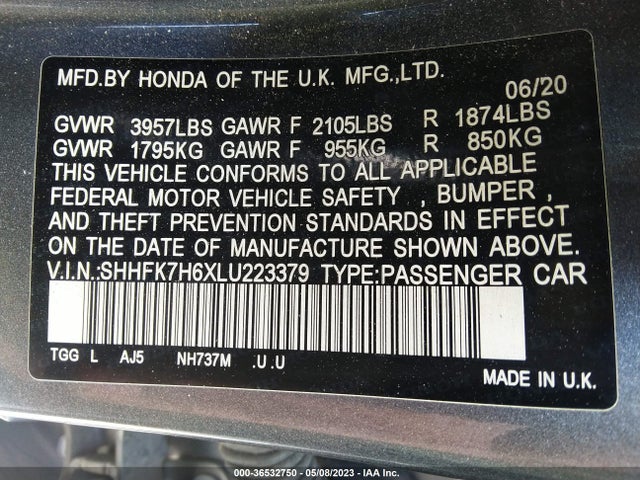 Honda Civic Hatchback Ex 2020 SHHFK7H6XLU223379 Image 9