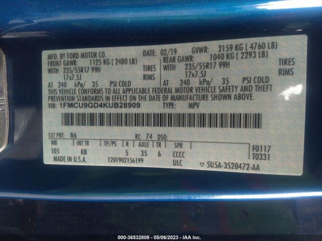 1FMCU9GD4KUB28909 Ford ESCAPE SE