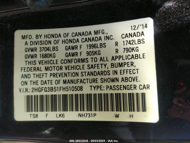Honda Civic Coupe Lx 2015 2HGFG3B51FH510508 Image 9