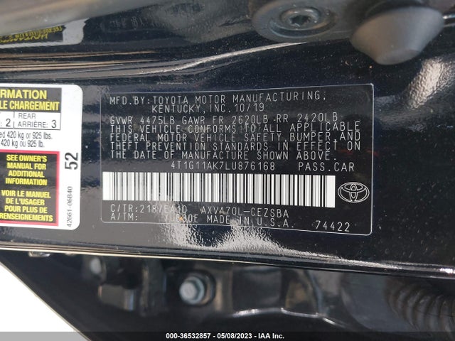 2020 TOYOTA CAMRY SE VIN: 4T1G11AK7LU876168