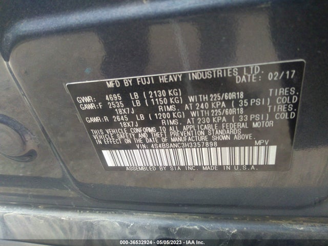Subaru Outback 2.5i Limited 2017 4S4BSANC3H3357898 Image 9