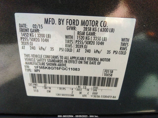 2015 FORD EXPLORER SPORT VIN: 1FM5K8GT6FGC11083