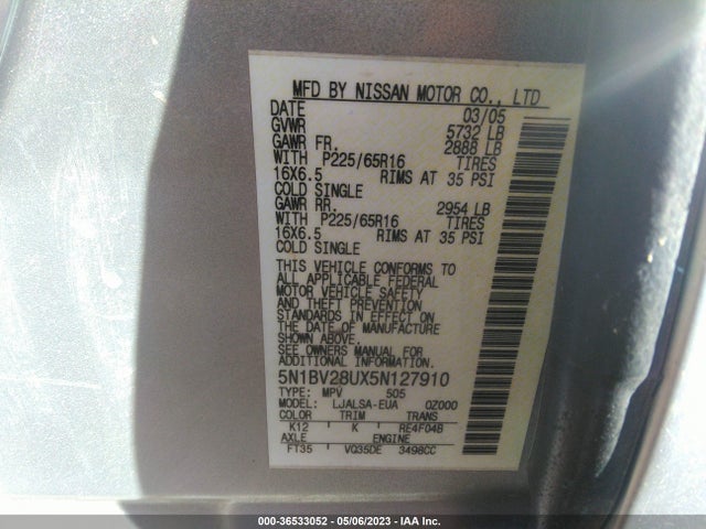 2005 NISSAN QUEST S VIN: 5N1BV28UX5N127910