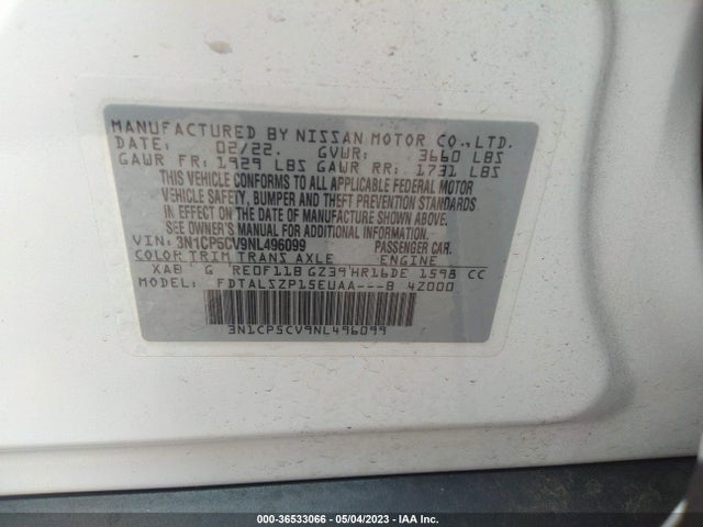 2022 NISSAN KICKS SV VIN: 3N1CP5CV9NL496099
