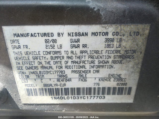 2000 NISSAN ALTIMA XE/GXE/SE/GLE VIN: 1N4DL01D3YC177703