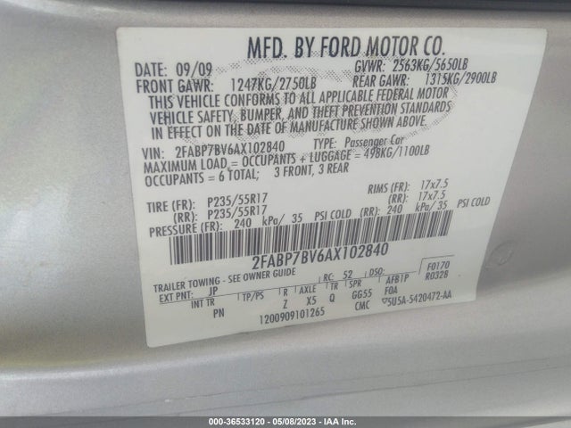 2010 FORD POLICE INTERCEPTOR VIN: 2FABP7BV6AX102840