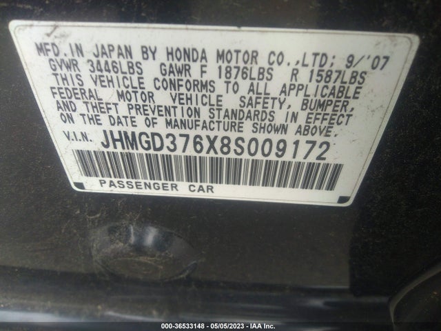 2008 HONDA FIT SPORT VIN: JHMGD376X8S009172