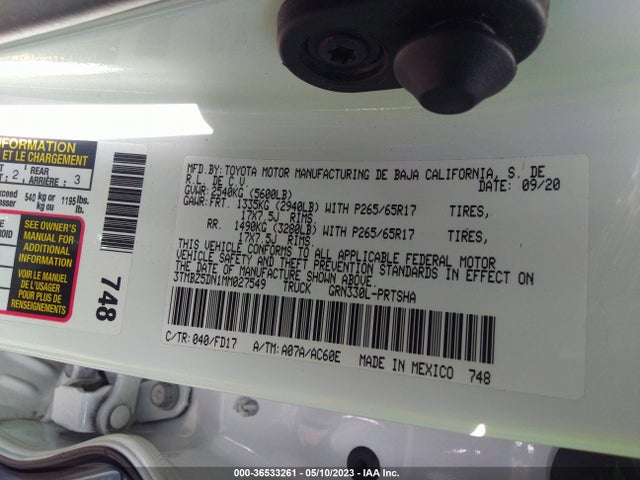 2021 TOYOTA TACOMA 2WD SR5/TRD SPORT VIN: 3TMBZ5DN1MM027549