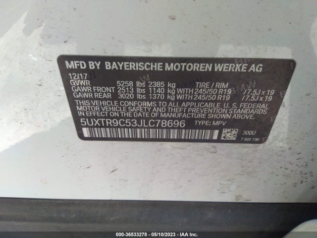 BMW X3 Xdrive30i 2018 5UXTR9C53JLC78696 Image 9