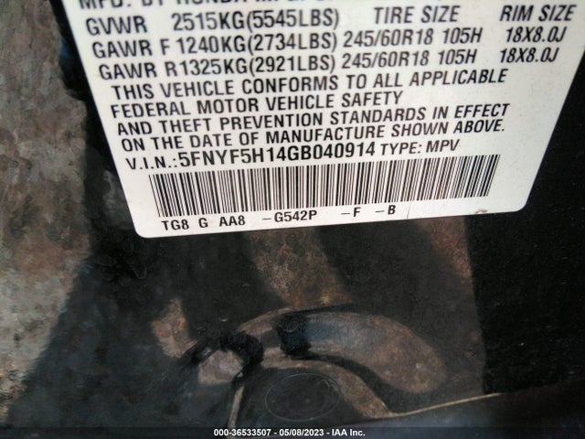 Honda PILOT LX 2016 5FNYF5H14GB040914 Image 9