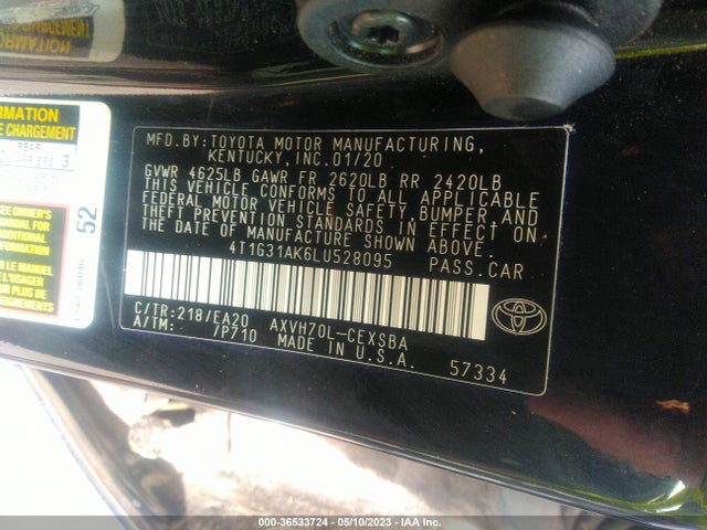 2020 TOYOTA CAMRY HYBRID SE VIN: 4T1G31AK6LU528095