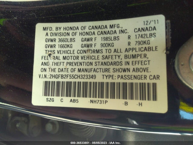2012 HONDA CIVIC SDN LX VIN: 2HGFB2F55CH323349