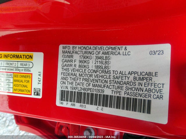 Honda Civic Hatchback Sport 2023 19XFL2H80PE010939 Image 10
