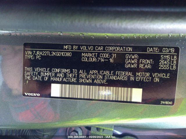 7JRA22TL2KG010380 Volvo S60 INSCRIPTION