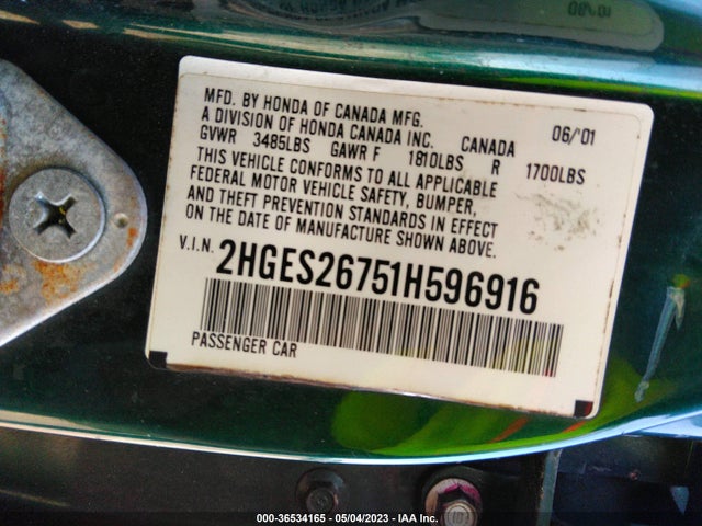 2001 HONDA CIVIC EX VIN: 2HGES26751H596916