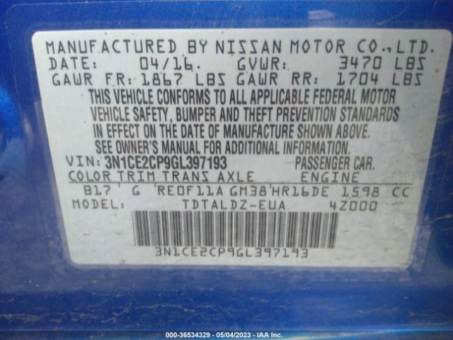 3N1CE2CP9GL397193 Nissan Versa Note Sv