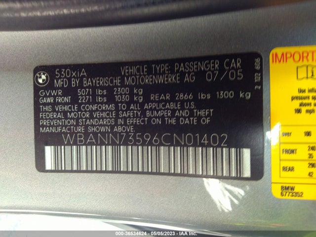 2006 BMW 5 SERIES 530XI VIN: WBANN73596CN01402