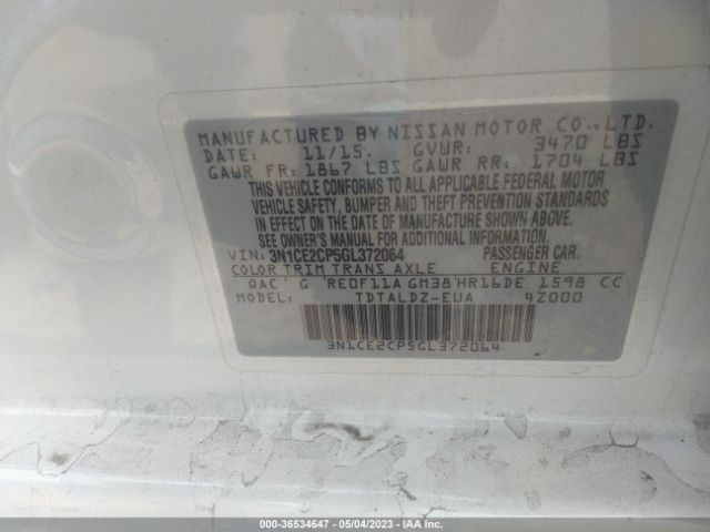 3N1CE2CP5GL372064 Nissan Versa Note S/s Plus/sv/sr/sl