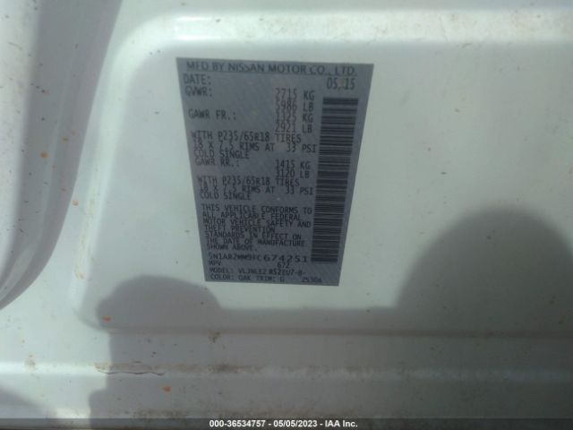 5N1AR2MM9FC674251 Nissan Pathfinder Platinum/sv/sl/s
