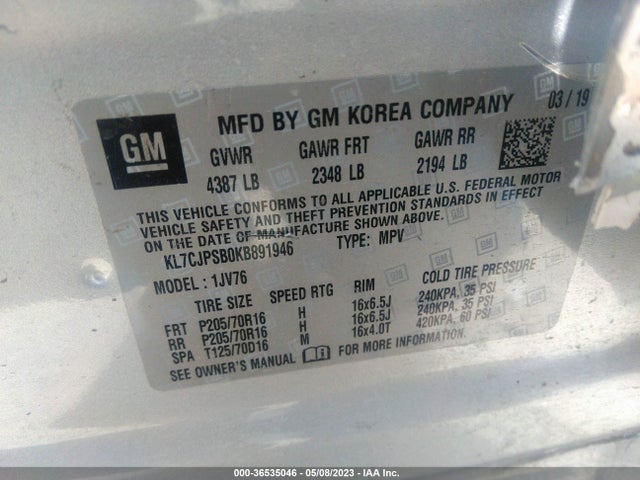 Chevrolet Trax Lt 2019 KL7CJPSB0KB891946 Image 10