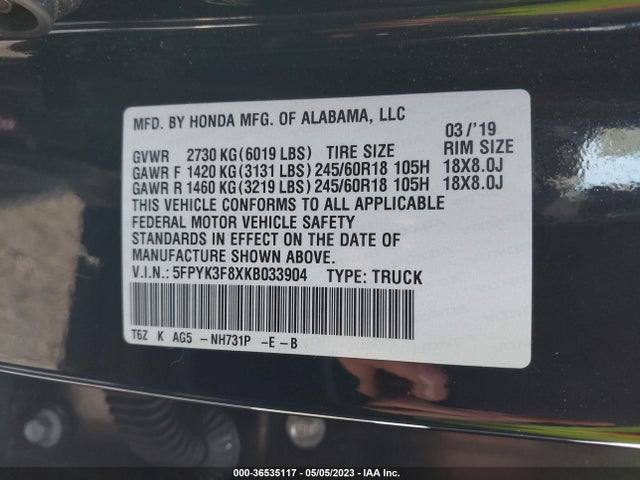Honda Ridgeline Black Edition 2019 5FPYK3F8XKB033904 Image 10
